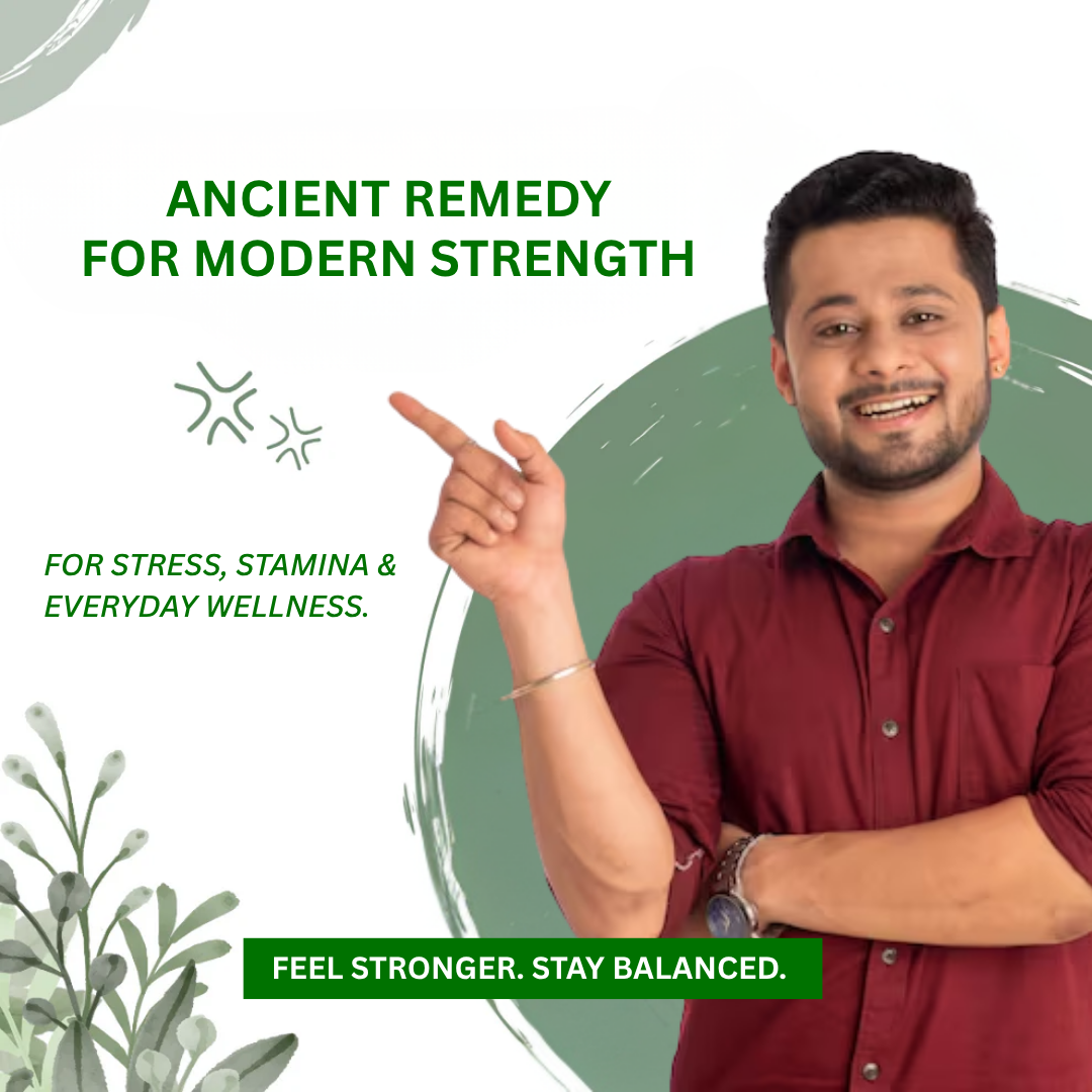 Man in maroon shirt pointing to text about ancient remedy for modern strength on a green and white background