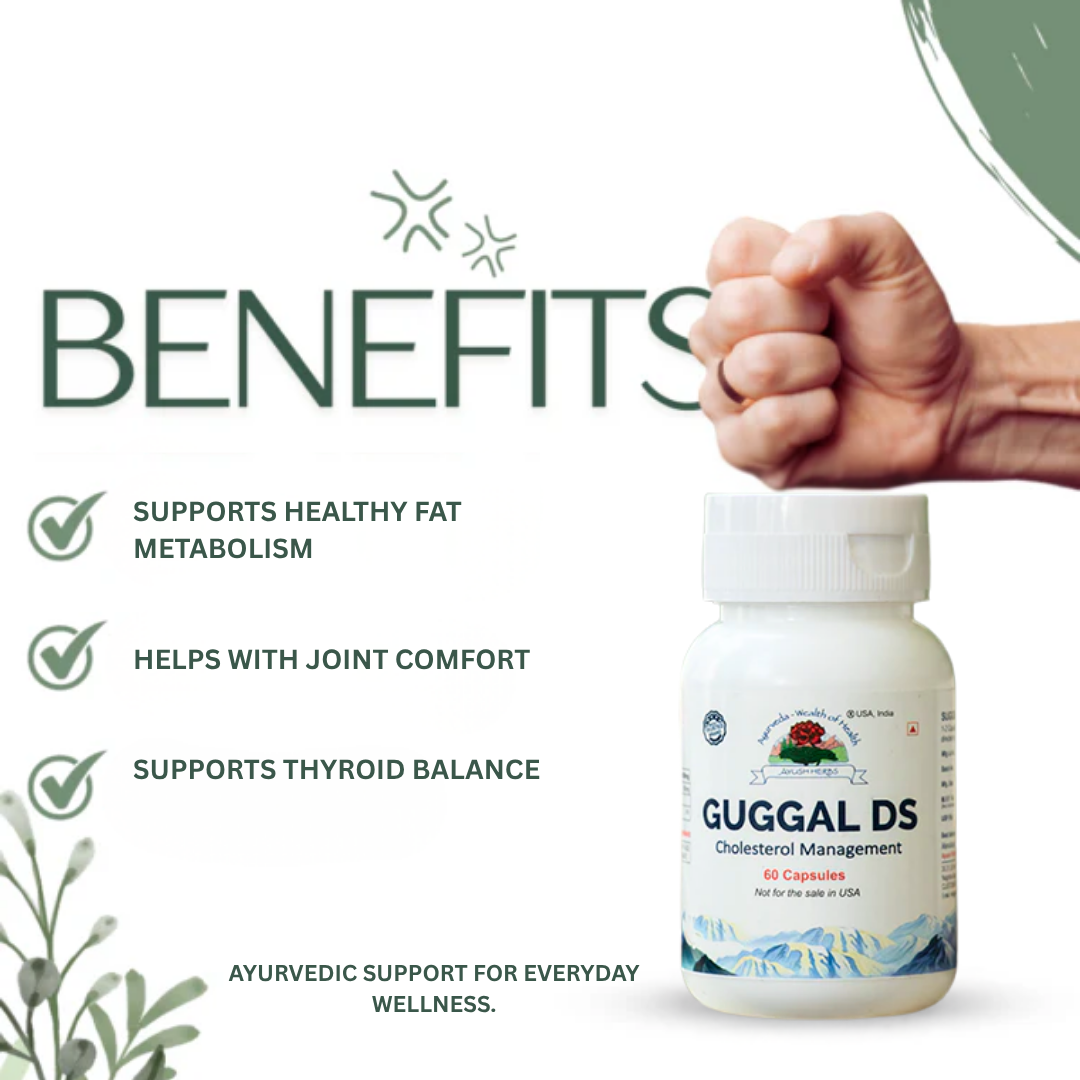 Bottle of Guggal DS with benefits listed on a white background