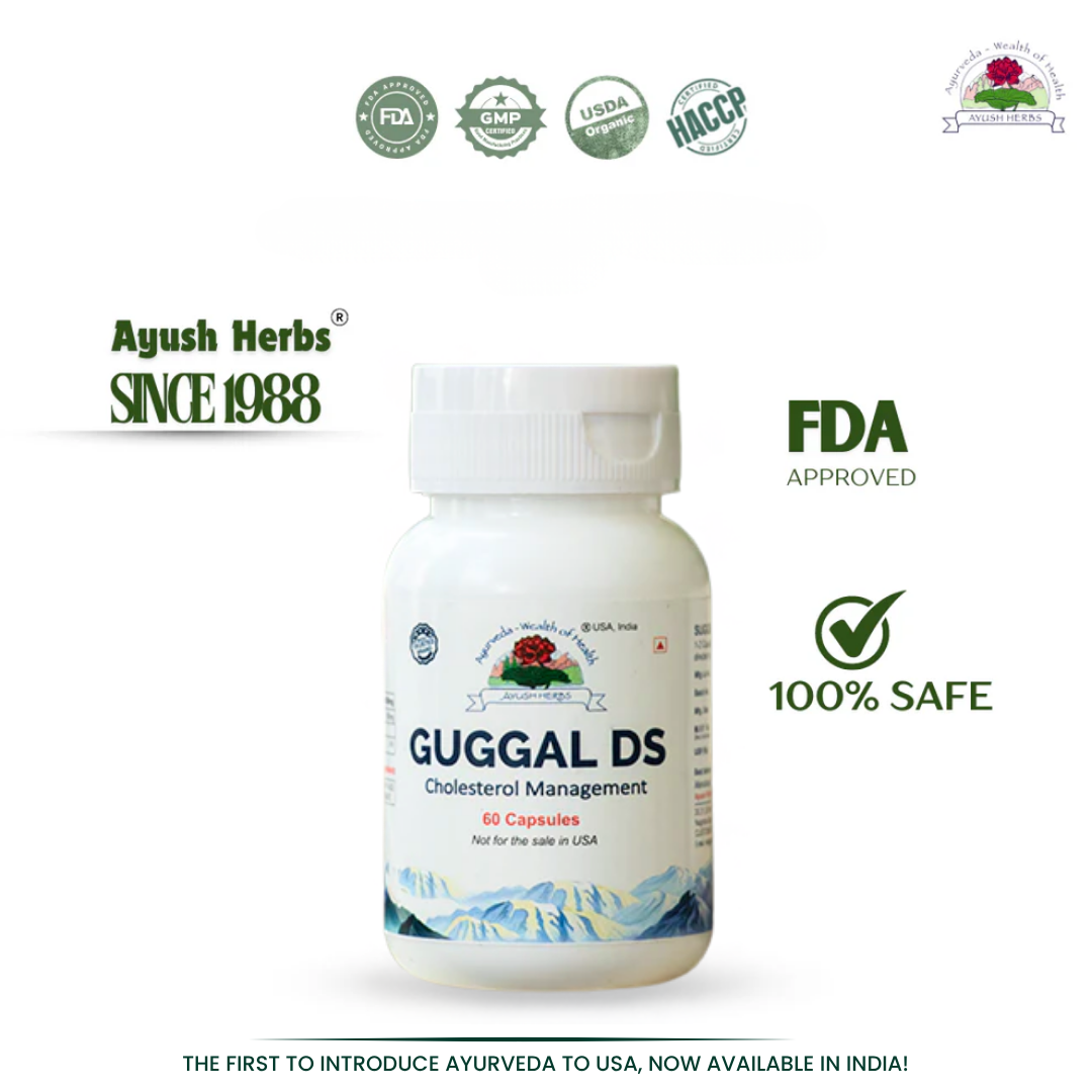 Bottle of Guggal DS capsules with Ayush Herbs branding and FDA approval logos on a white background.