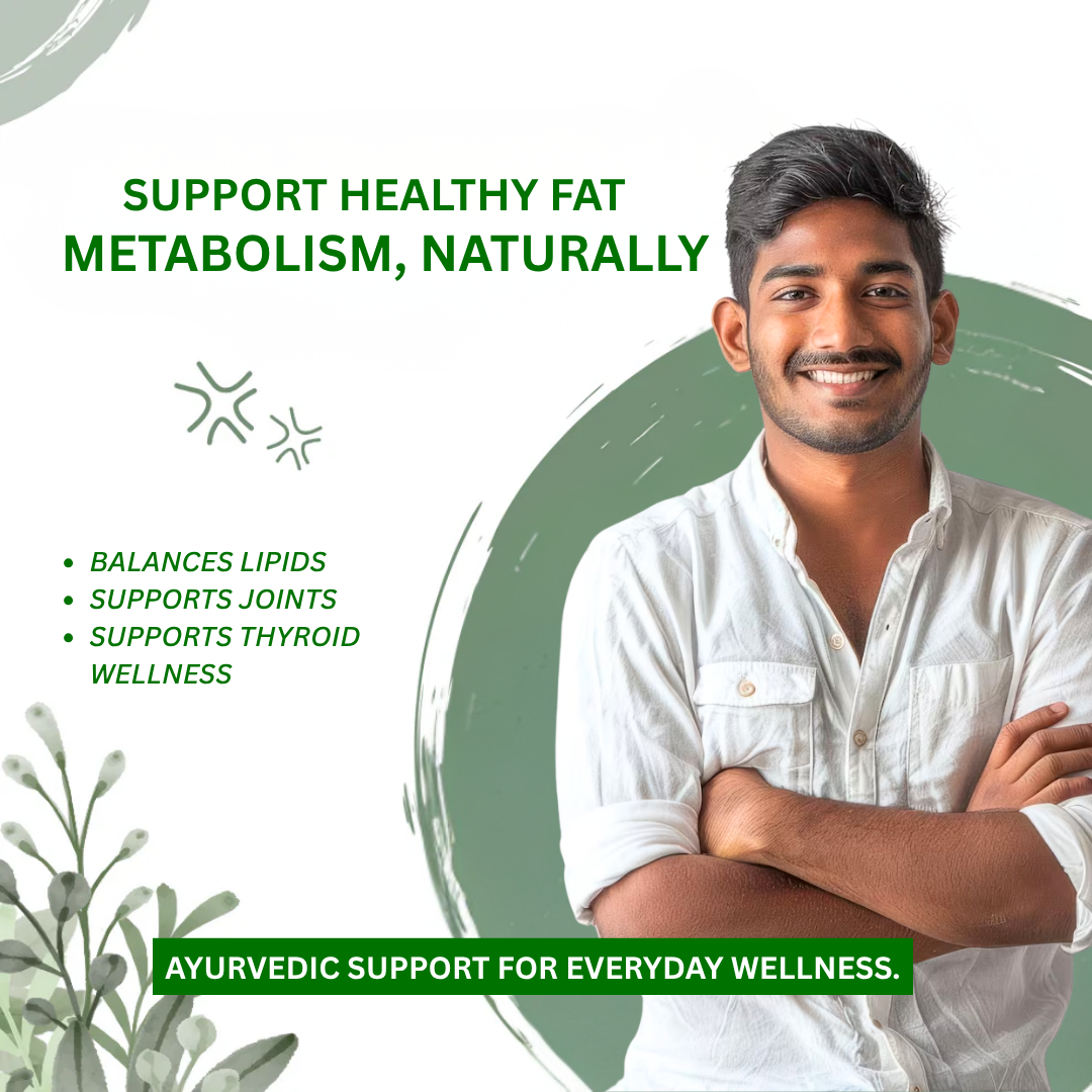 Man with crossed arms on a green and white background with text about healthy fat metabolism.