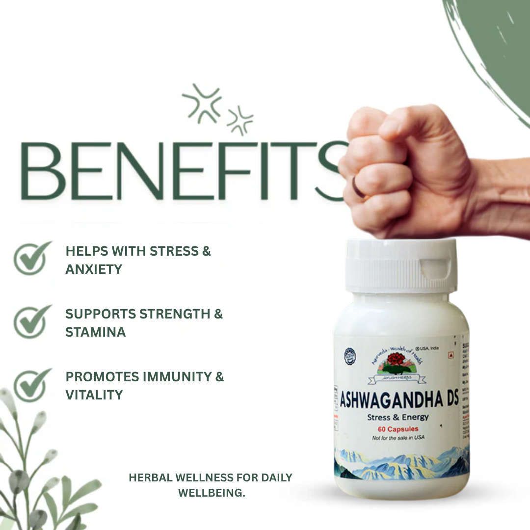 Bottle of Ashwagandha DS with benefits listed on a white background