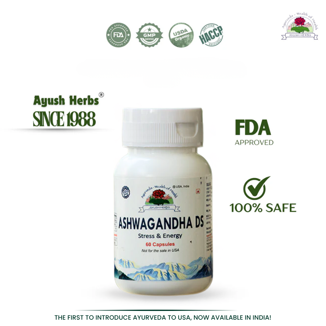 Ayush Herbs Ashwagandha DS supplement bottle with certification logos on a white background