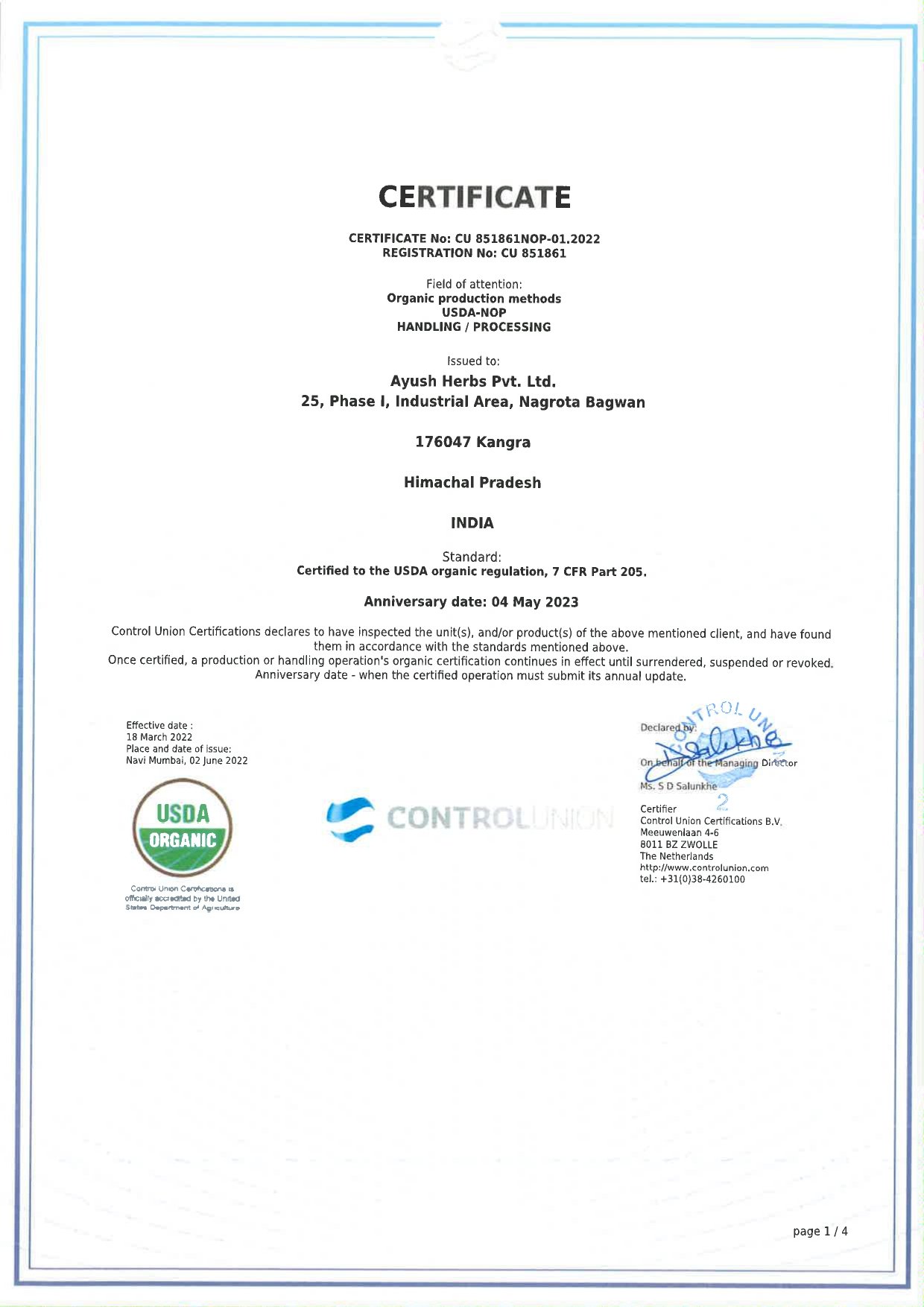 Ayush Herbs Pvt. Ltd. 851861 USDA NOP Scope Certificate page 0001